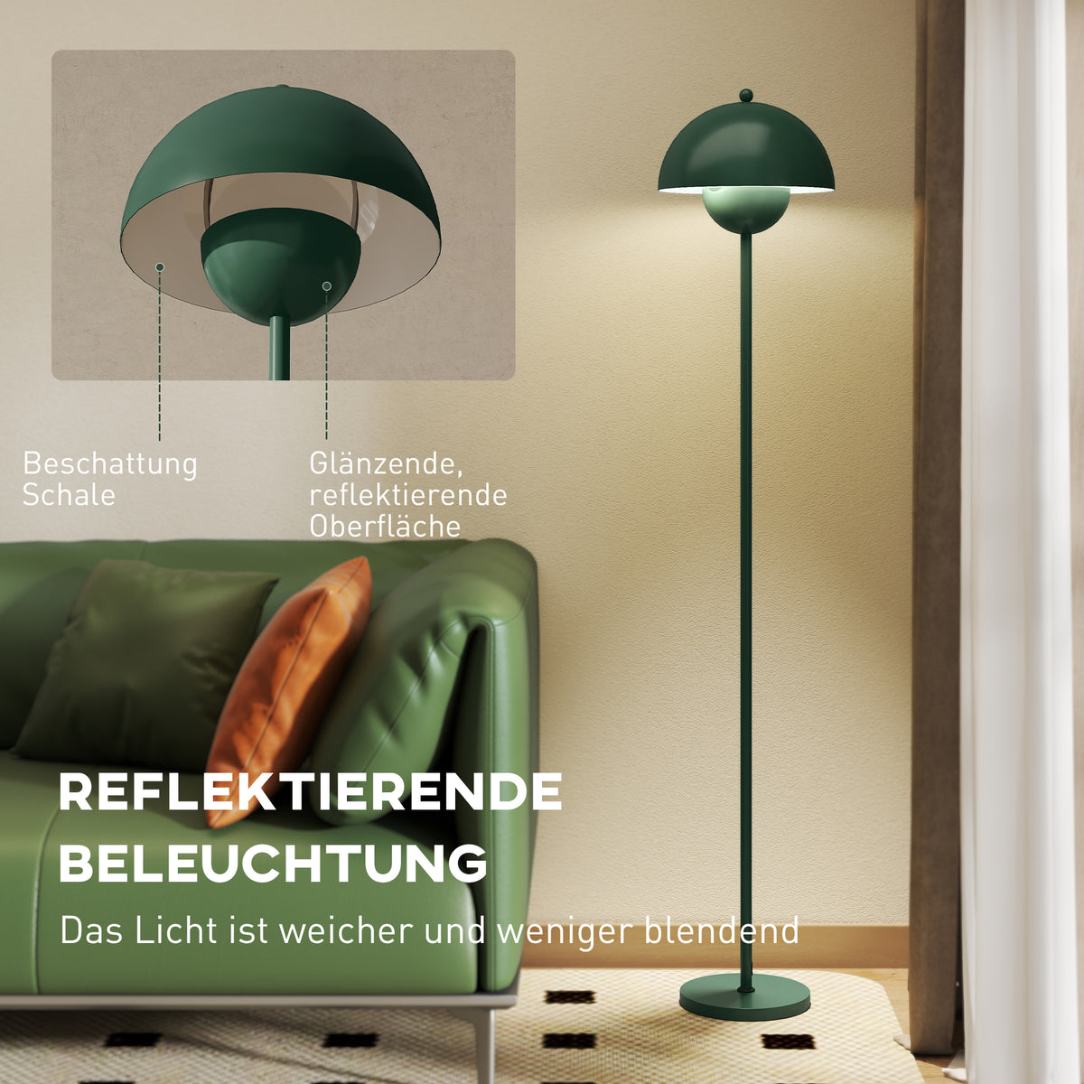 HOMCOM Stehlampe, runder Schirm, Fußschalter, langes Kabel, eleganter Look, Stahl, Grün