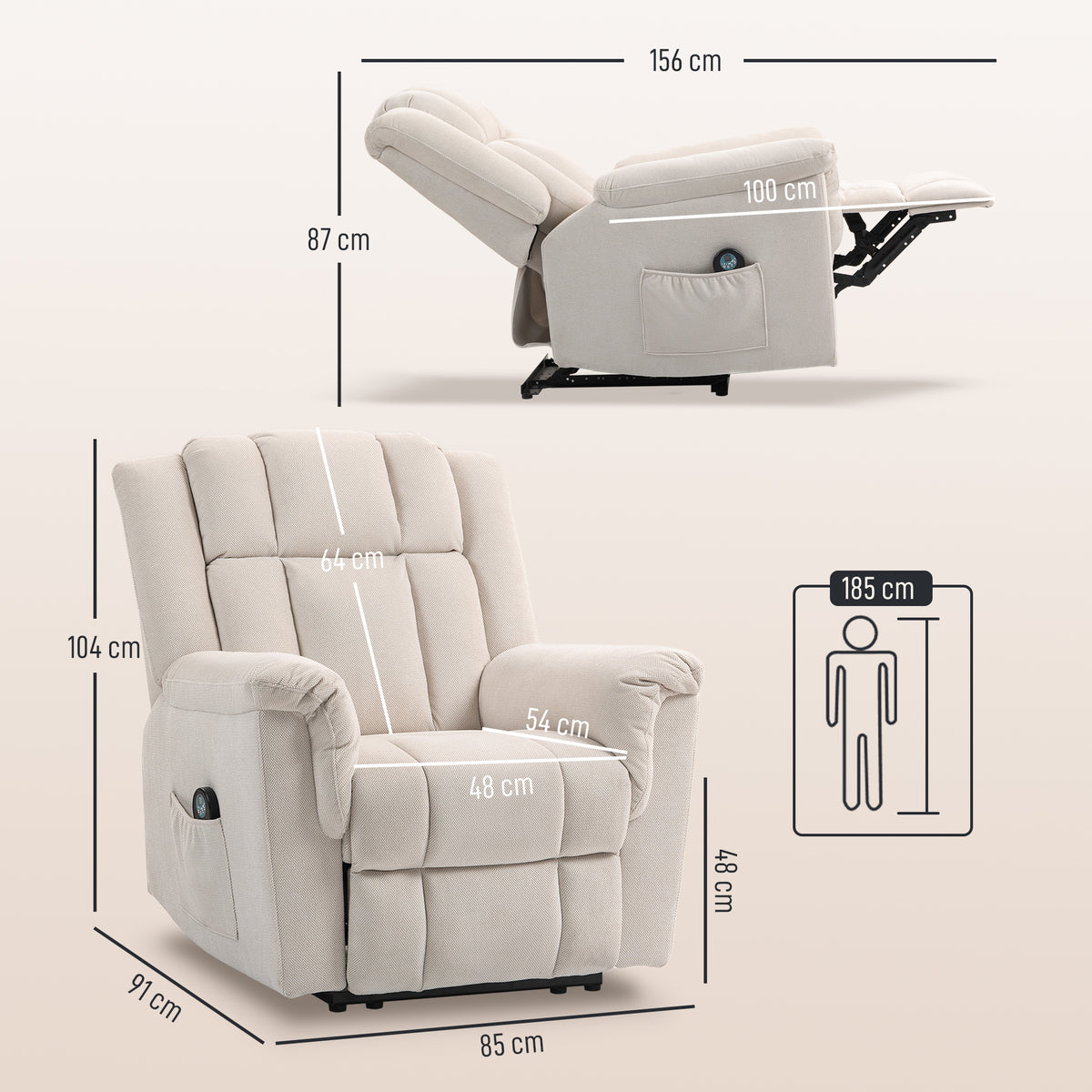 HOMCOM Massagesessel, elektrisch und beheizbar, neigbarer Sessel mit manuell verstellbarer Rückenlehne, 85x91x104cm, beige