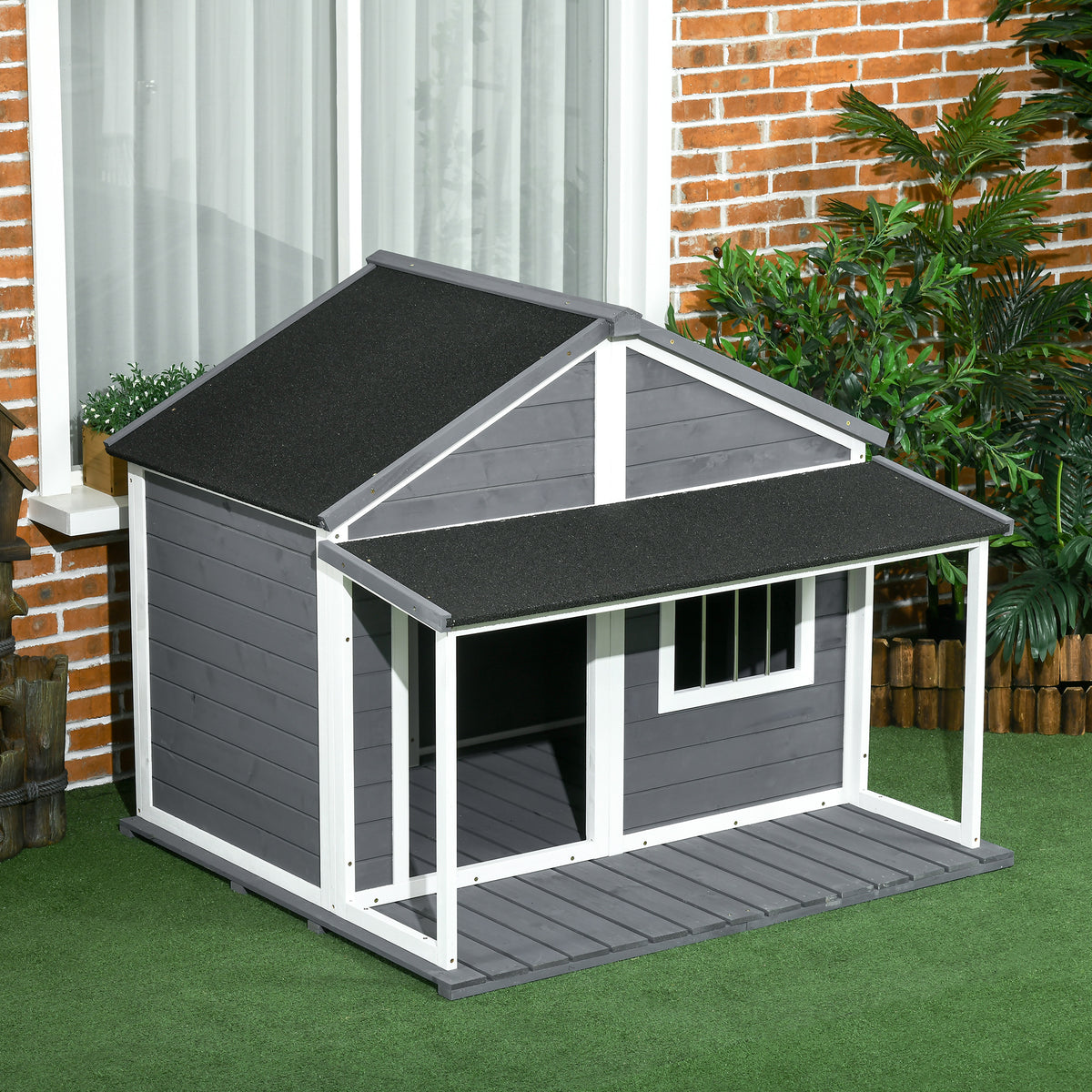 PawHut Hundehütte Outdoor-Hundehütte, inkl. Veranda, wetterbeständig, 124 cm x 112 cm x 105 cm, Grau + Weiß