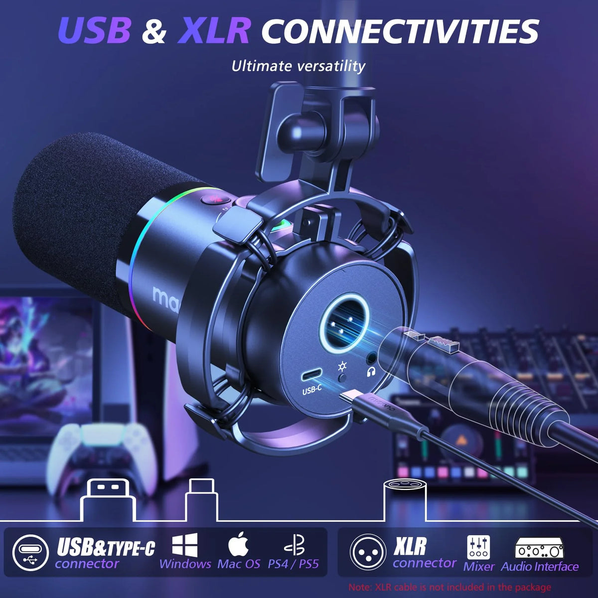 MAONO XLR/USB Dynamic Microphone Kit. RGB Podcast Mic