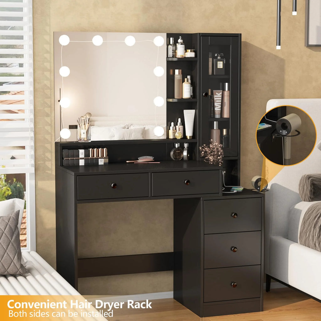 VEANERWOOD Makeup Vanity Desk with Lighted Mirror and Power Strip, Modern Vanity Table with 5 Drawers, White