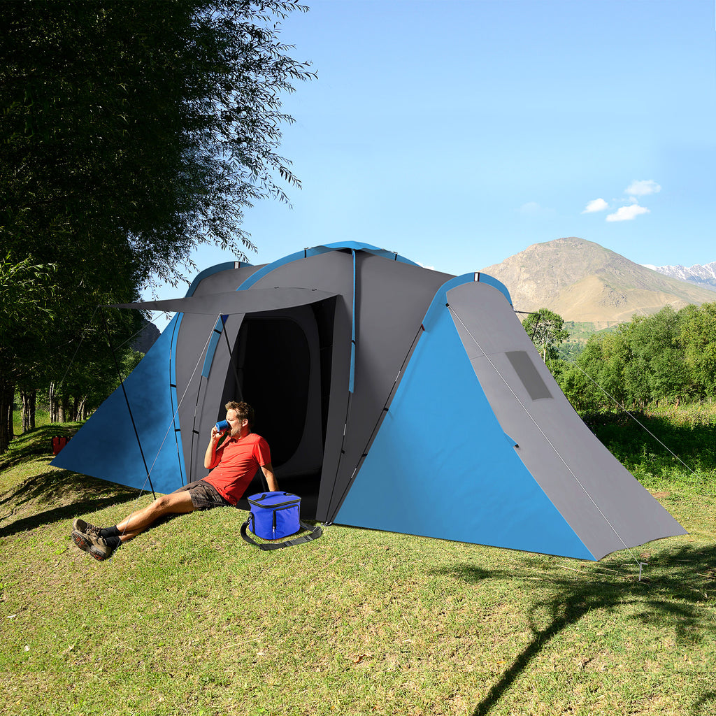 Outsunny Familien-Campingzelt 4-6 Pers. wasserdicht leicht einfach aufzubauen 2 große Türen Abmessungen 5,55 x 2,25 x 1,9 m Dunkelgrau und Blau