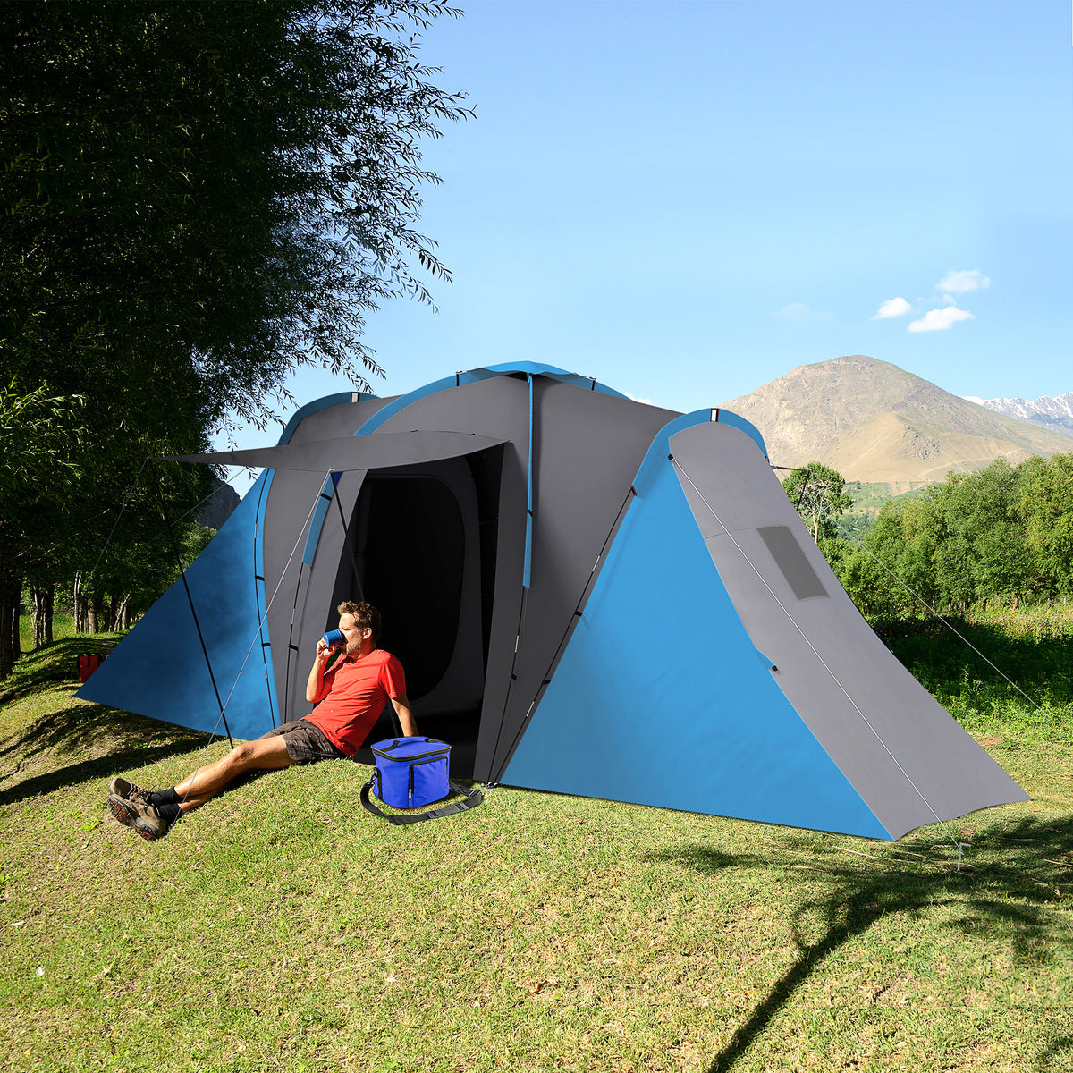 Outsunny Familien-Campingzelt 4-6 Pers. wasserdicht leicht einfach aufzubauen 2 große Türen Abmessungen 5,55 x 2,25 x 1,9 m Dunkelgrau und Blau