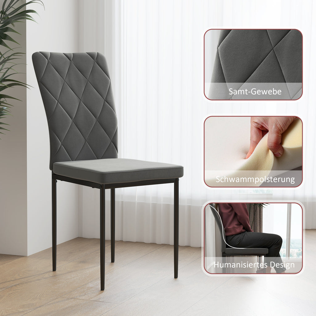 HOMCOM 4er-Set Esszimmerstühle in Samtoptik, Moderne Polsterstühle mit Metallbeinen, für Esszimmer, Schlafzimmer, Küche, Grau