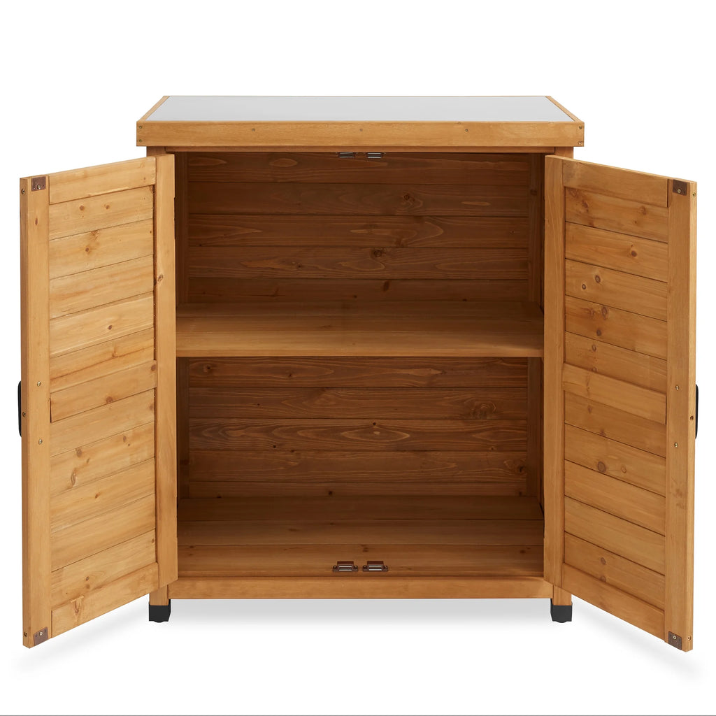 Outdoor Storage Cabinet and Potting Bench with Metal Tabletop and Storage Cabinet - Wooden Outdoor Garden Patio Workstation Table, Gray