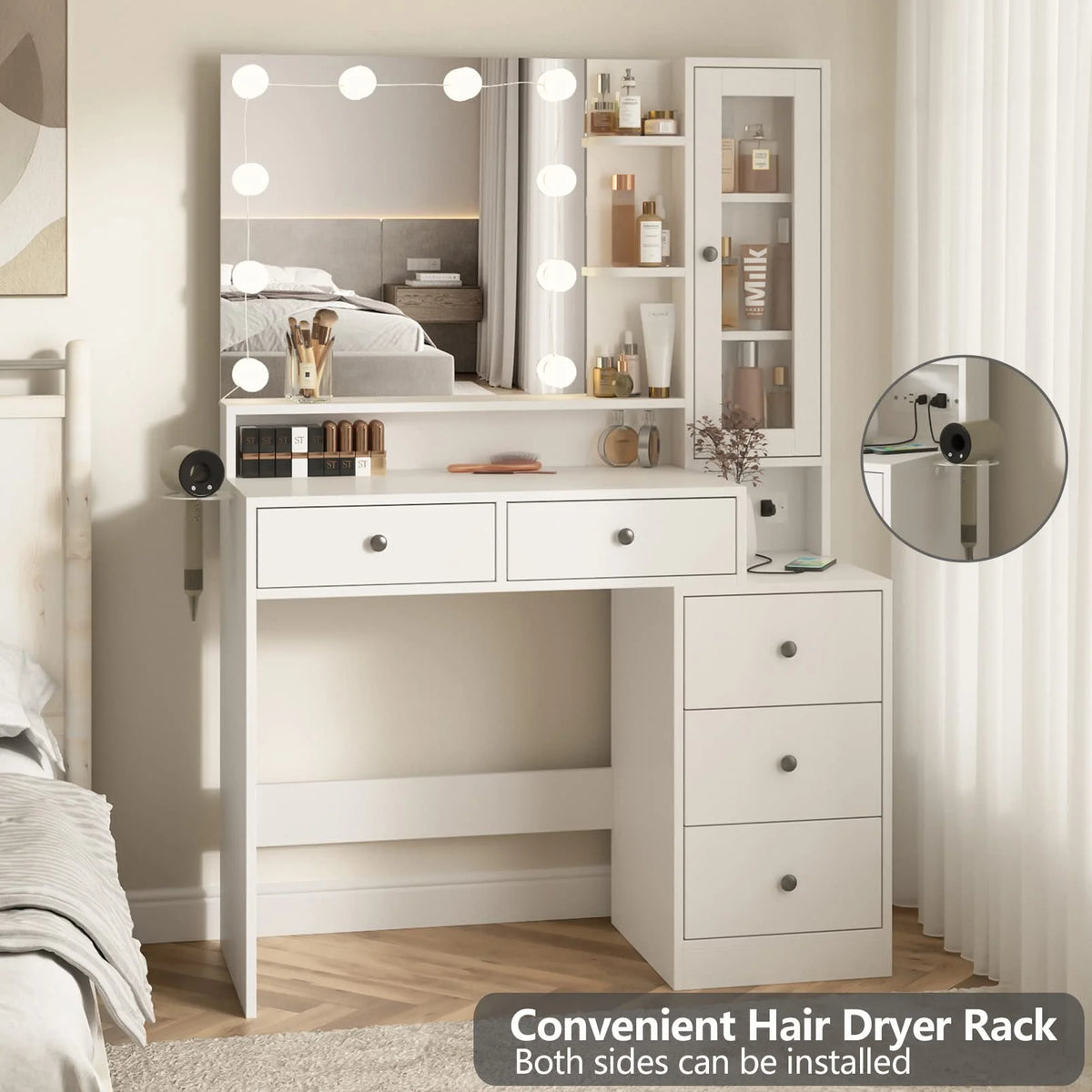 VEANERWOOD Makeup Vanity Desk with Lighted Mirror and Power Strip, Modern Vanity Table with 5 Drawers, White