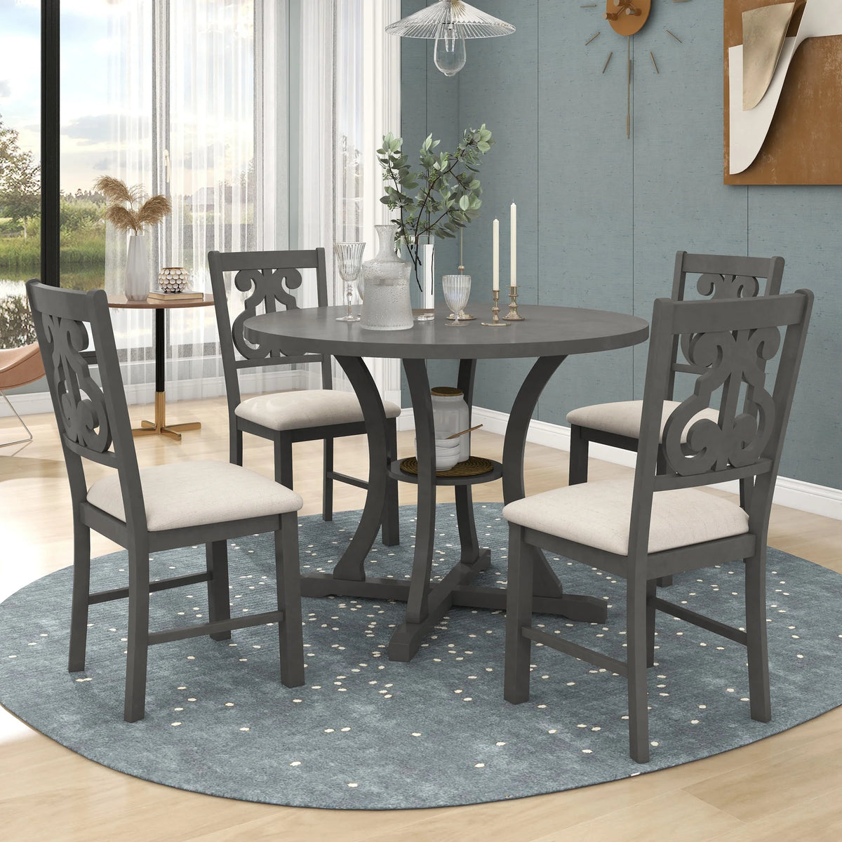 Harper & Bright Designs 5 Pieces Wooden Round Dining Table and Chair Set with Special - Shaped Legs and an Exquisitely Designed Hollow Chair Back for Dining Room