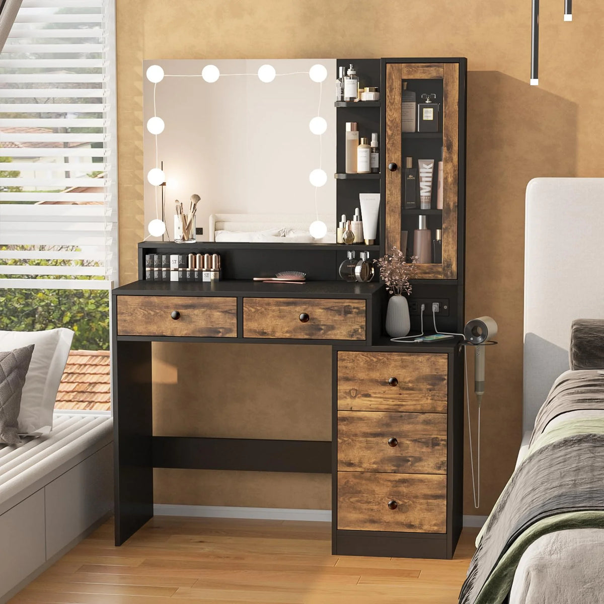 VEANERWOOD Makeup Vanity Desk with Lighted Mirror and Power Strip, Modern Vanity Table with 5 Drawers, White