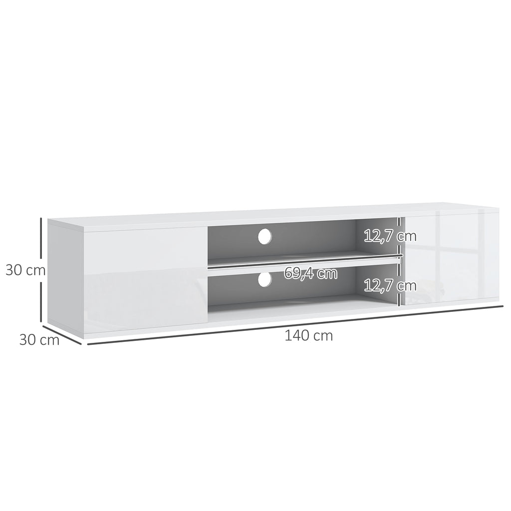 HOMCOM Wandmontiertes TV-Möbel im zeitgenössischen Stil 2 Schränke 2 zentrale Fächer und 2 Kabeldurchführungen 140 x 30 x 30 cm weiß