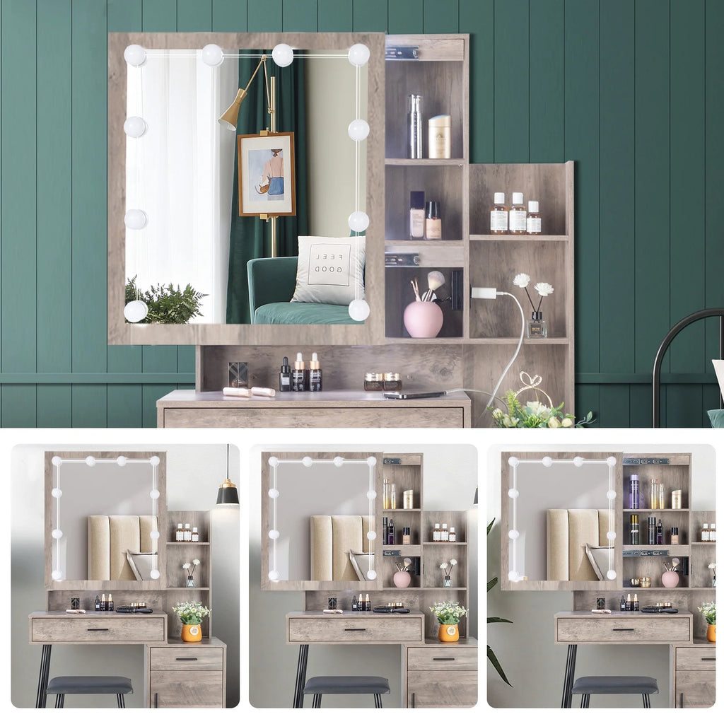 Ktaxon Vanity Set with 3 Color Lighted Mirror & Charging Station, Makeup Table with 3 Storage Shelves & Drawers, Dressing Table Makeup Desk with Stool, Retro Gray