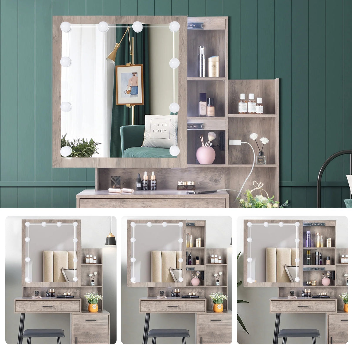 Ktaxon Vanity Set with 3 Color Lighted Mirror & Charging Station, Makeup Table with 3 Storage Shelves & Drawers, Dressing Table Makeup Desk with Stool, Retro Gray