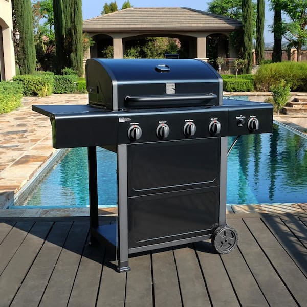 Kenmore 4 Burner Open Cart Propane Gas BBQ Grill with Side Burner. Black