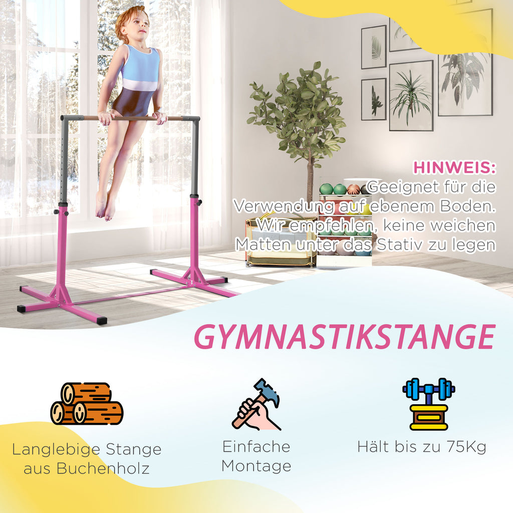 HOMCOM Gymnastik-Turnreck, 13-stufig höhenverstellbar Reckstange, Reck Turnstange aus Holz & stabile Stahlkonstruktion bis 75 kg belastbar, für 3+ Kinder, Indoor, Outdoor, Rosa