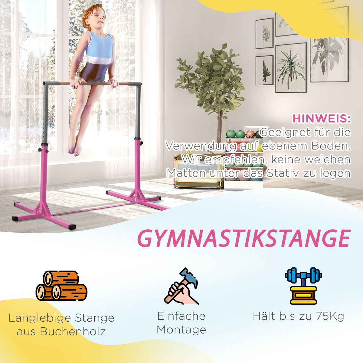 HOMCOM Gymnastik-Turnreck, 13-stufig höhenverstellbar Reckstange, Reck Turnstange aus Holz & stabile Stahlkonstruktion bis 75 kg belastbar, für 3+ Kinder, Indoor, Outdoor, Rosa