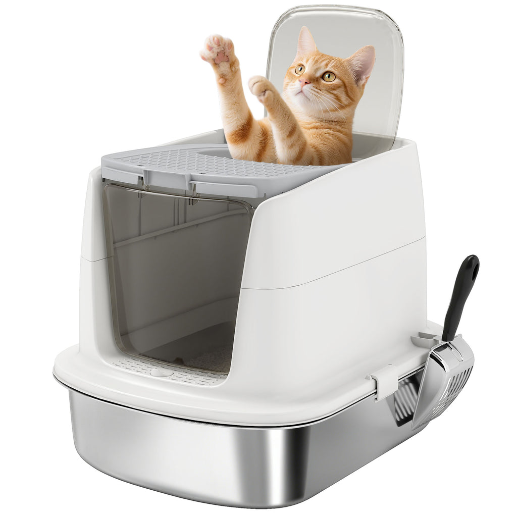 PawHut Katzentoilette Edelstahl, geschlossene Katzentoilette mit Schaufel, Geruchsbeutel, Einstieg Ausgang