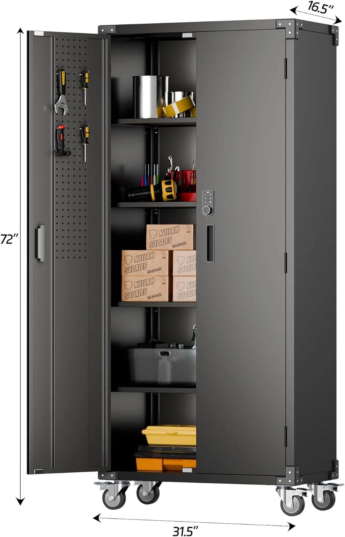 Aobabo Metal Storage Cabinet with Lock, Garage Storage Cabinet with Wheels, 72in Steel Storage Cabinet for Garage Home Storage, Black Required - Assembly