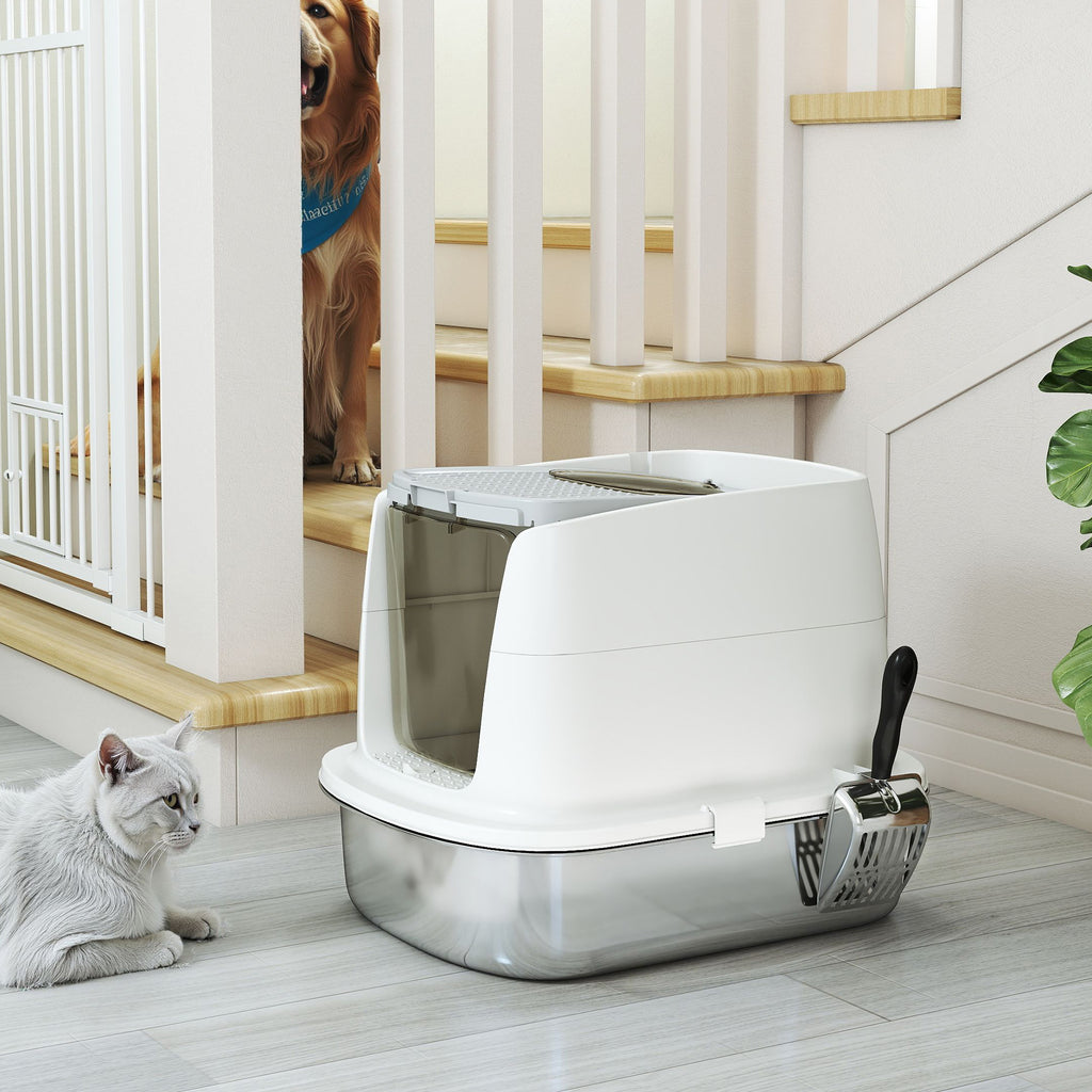 PawHut Katzentoilette Edelstahl, geschlossene Katzentoilette mit Schaufel, Geruchsbeutel, Einstieg Ausgang