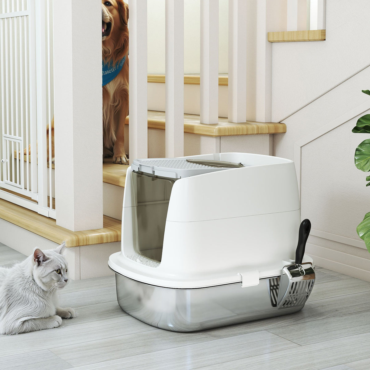 PawHut Katzentoilette Edelstahl, geschlossene Katzentoilette mit Schaufel, Geruchsbeutel, Einstieg Ausgang