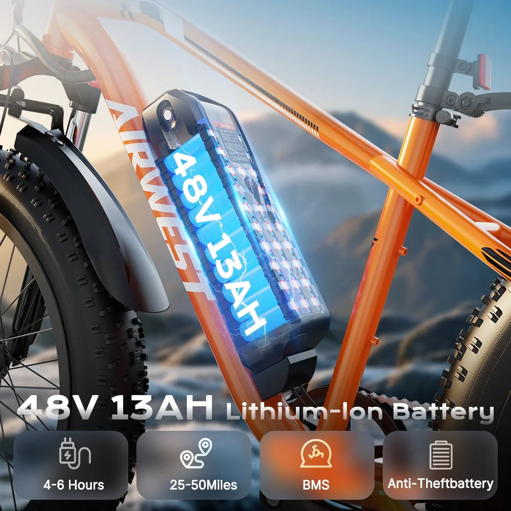 AIRWEST Electric Bike for Adults, Peak 750W Ebikes for Men Women26" Fat Tire Electric Bicycle with 48V 624wh Removable Battery25mph 60miles 7 Speed, Front Suspension Electric Mountain Bike