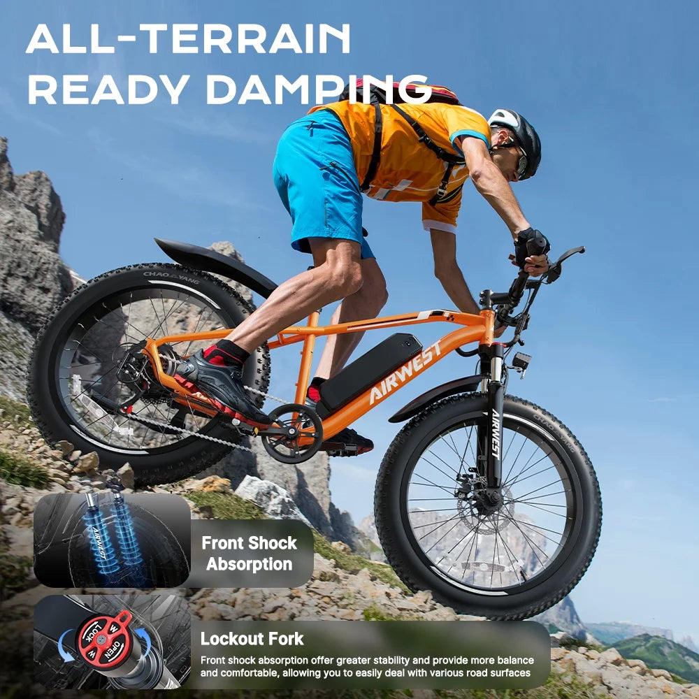 AIRWEST Electric Bike for Adults, Peak 750W Ebikes for Men Women26" Fat Tire Electric Bicycle with 48V 624wh Removable Battery25mph 60miles 7 Speed, Front Suspension Electric Mountain Bike