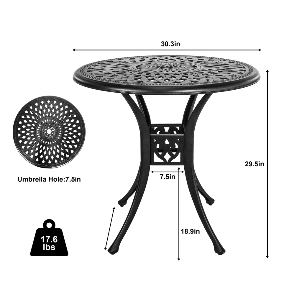 30.3 in Round Patio Table Cast Aluminum Patio Table, Metal Patio Dining Table with Umbrella Hole, All-Weather Outdoor Bistro Dining Table for Backyard, Garden, Balcony, Black