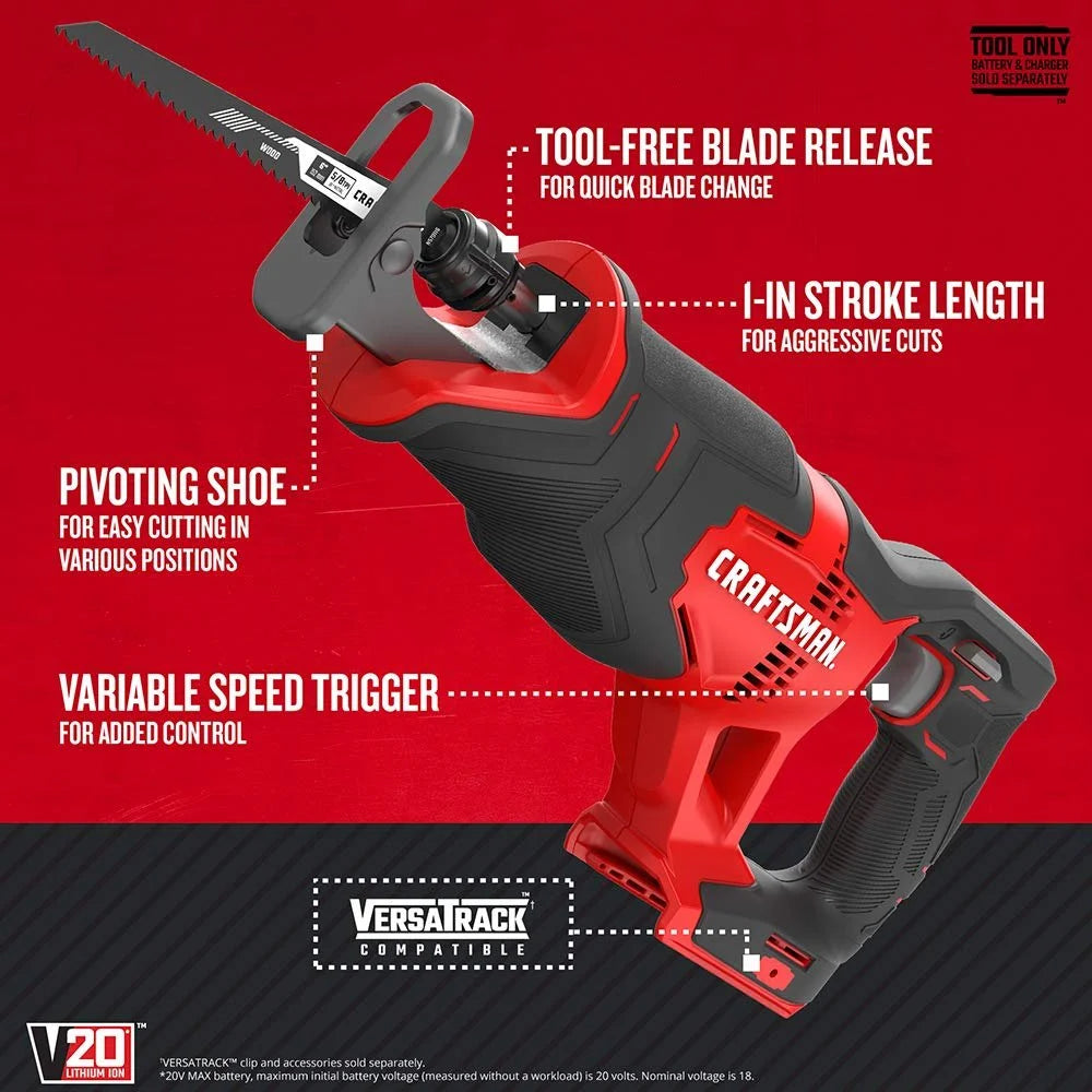 CRAFTSMAN V20 Reciprocating Saw, Cordless, Tool Only CMCS300B