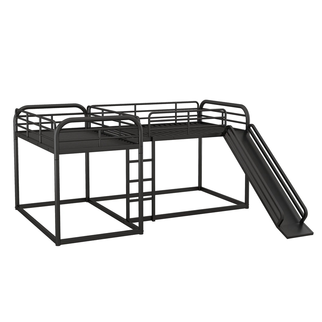 Full and Twin Size L - Shaped Quadruple Metal Bunk Bed with Slide for Kids, Black