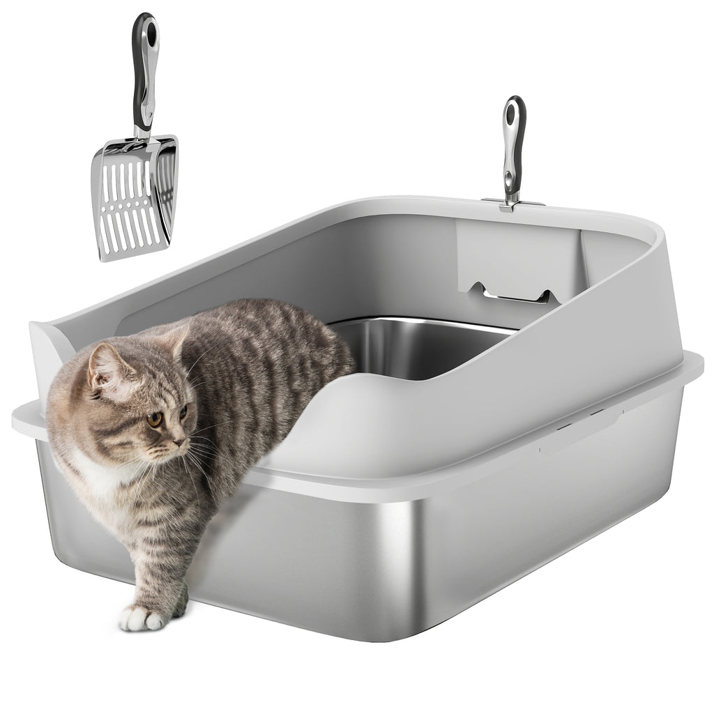 PawHut Katzentoilette aus Edelstahl XXL mit hohem Rand und leicht zu reinigender Schaufel Auslaufschutz 70x50x30 cm Grau
