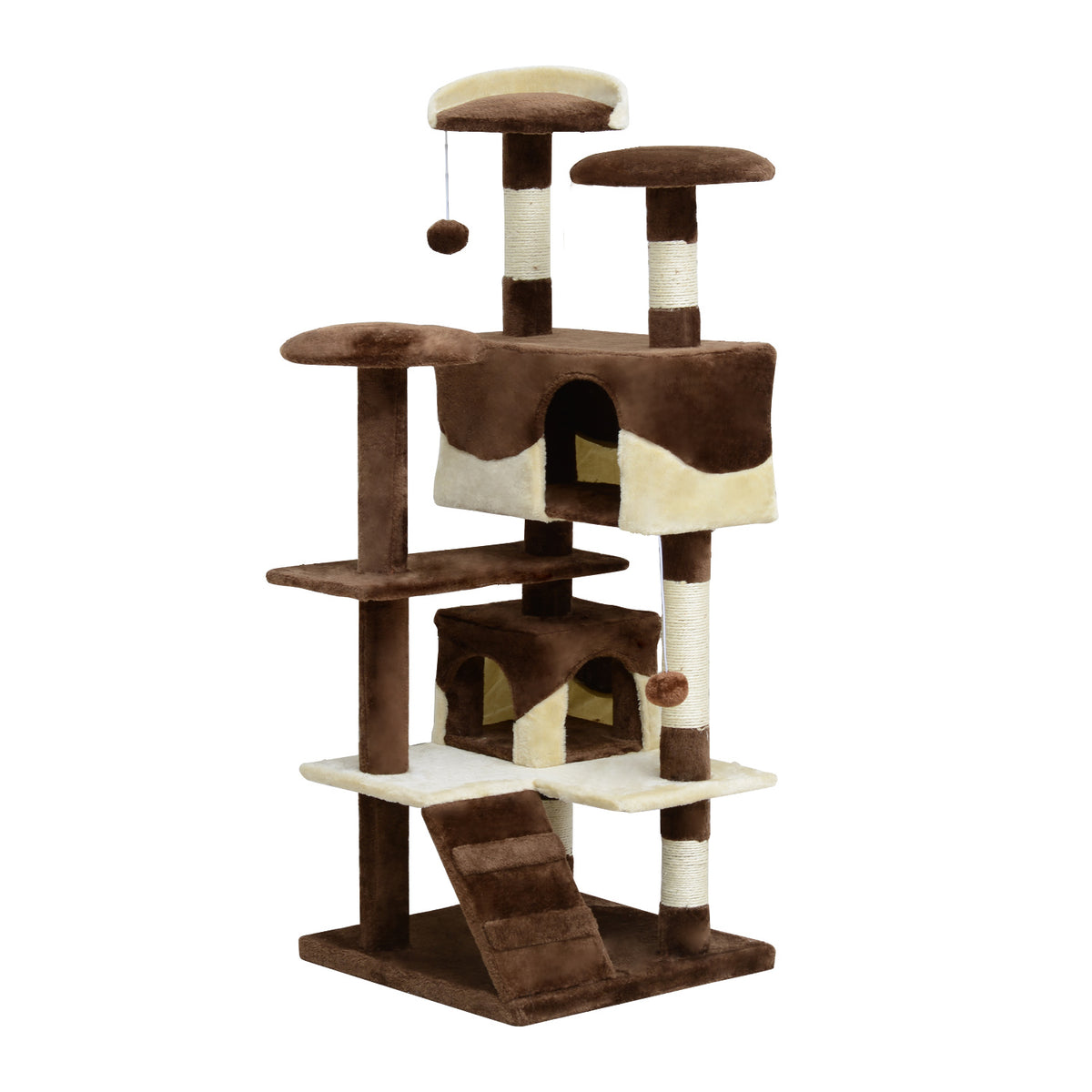 PawHut Kratzbaum für Katzen aus Plüsch und Sisal mit Höhlen und Ball 50×50×134,5 cm Kaffee und Creme