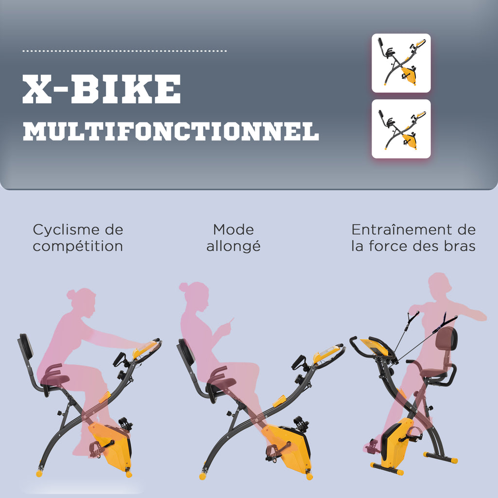 HOMCOM Faltbares Heimfahrrad, Heimtrainer für Erwachsene, 8 Stufen magnetischer Widerstand, Handpulssensoren, multifunktionales LCD-Display, verstellbarer Sitz, Stahl, Gelb, Grau