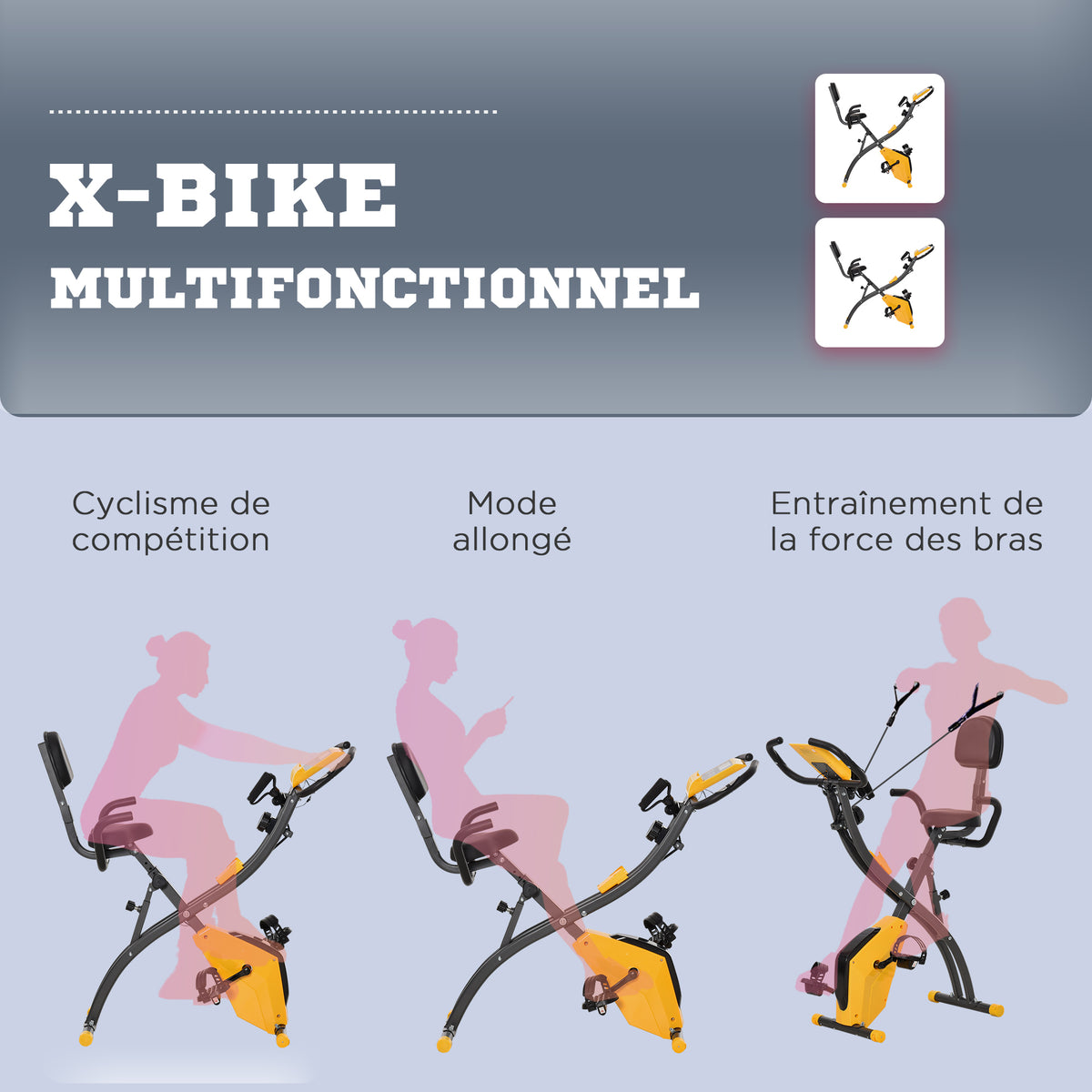 HOMCOM Faltbares Heimfahrrad, Heimtrainer für Erwachsene, 8 Stufen magnetischer Widerstand, Handpulssensoren, multifunktionales LCD-Display, verstellbarer Sitz, Stahl, Gelb, Grau