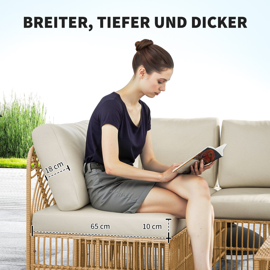 Outsunny 5-teiliges Gartenmöbelset, 2 Eckstühle, 2 Mittelstühle, Fußhocker, Sitzkissen, Rückenkissen, Hellbraun+Cremeweiß