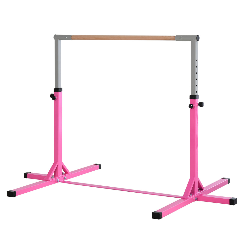 HOMCOM Gymnastik-Turnreck, 13-stufig höhenverstellbar Reckstange, Reck Turnstange aus Holz & stabile Stahlkonstruktion bis 75 kg belastbar, für 3+ Kinder, Indoor, Outdoor, Rosa