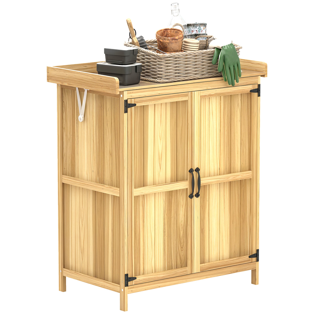 Outsunny Gartenschrank, Werkzeugschrank für den Außenbereich, mit Arbeitsfläche, Holz und Edelstahl, Doppeltüren, Naturholz