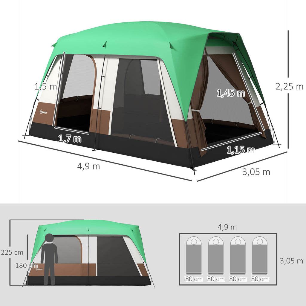 Outsunny Campingzelt für 7-8 Personen, Netzfenster, mit Tragetasche, 4,90 x 3,05 x 2,25 m, Grün