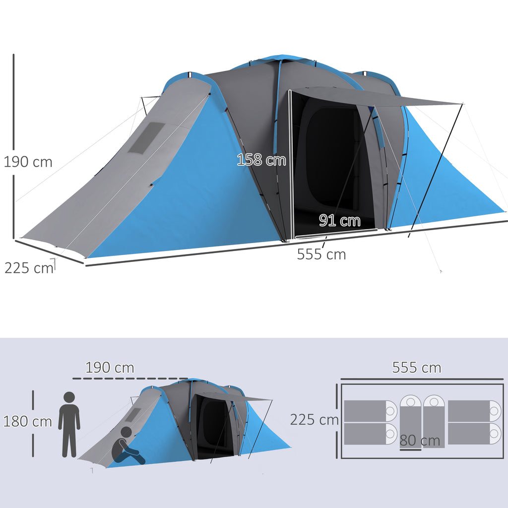 Outsunny Familien-Campingzelt 4-6 Pers. wasserdicht leicht einfach aufzubauen 2 große Türen Abmessungen 5,55 x 2,25 x 1,9 m Dunkelgrau und Blau