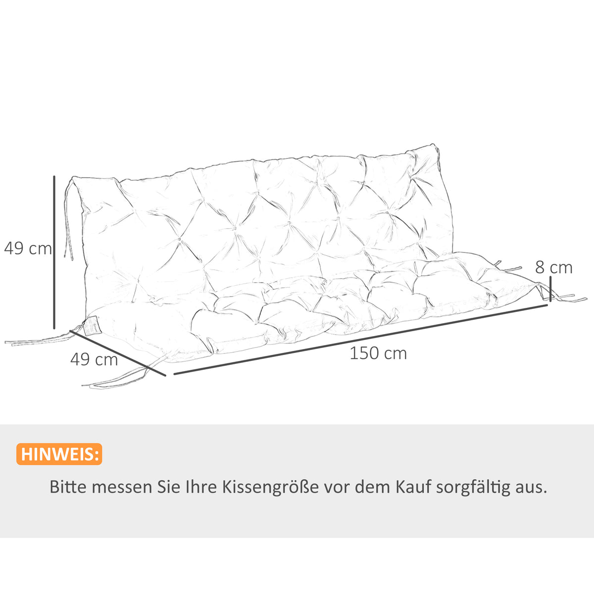 Outsunny 3 Sitzer Bankauflage 150x98x8 cm Bankkissen mit Bändern, Bankpolster für Gartenmöbel Hollywoodschaukel, Hellgrau