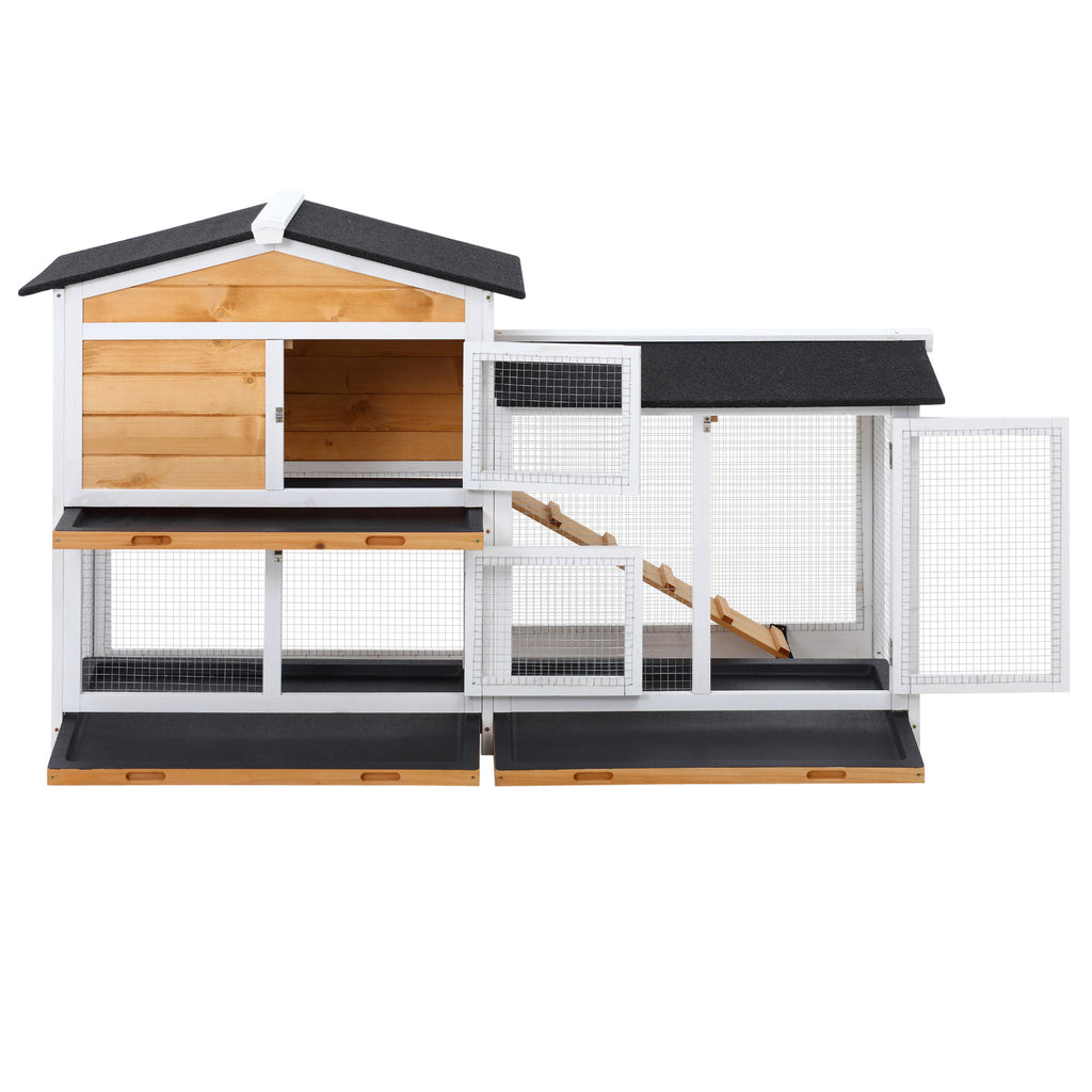 PawHut Kaninchenstall aus Holz mit Häuschen, Rampe und Umzäuntem Freigehege, Gelb und Schwarz