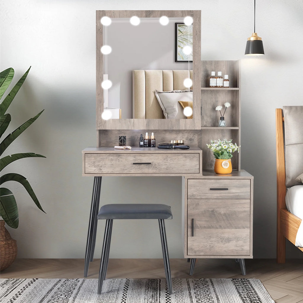 Ktaxon Vanity Set with 3 Color Lighted Mirror & Charging Station, Makeup Table with 3 Storage Shelves & Drawers, Dressing Table Makeup Desk with Stool, Retro Gray