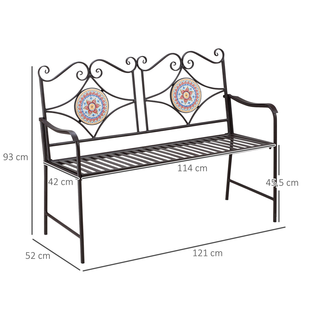 Outsunny Gartenbank im Vintage-Design, 2 Sitzer, wetterbeständig, mit Mosaiksteinen, 121 cm x 52 cm x 93 cm, Mehrfarbig