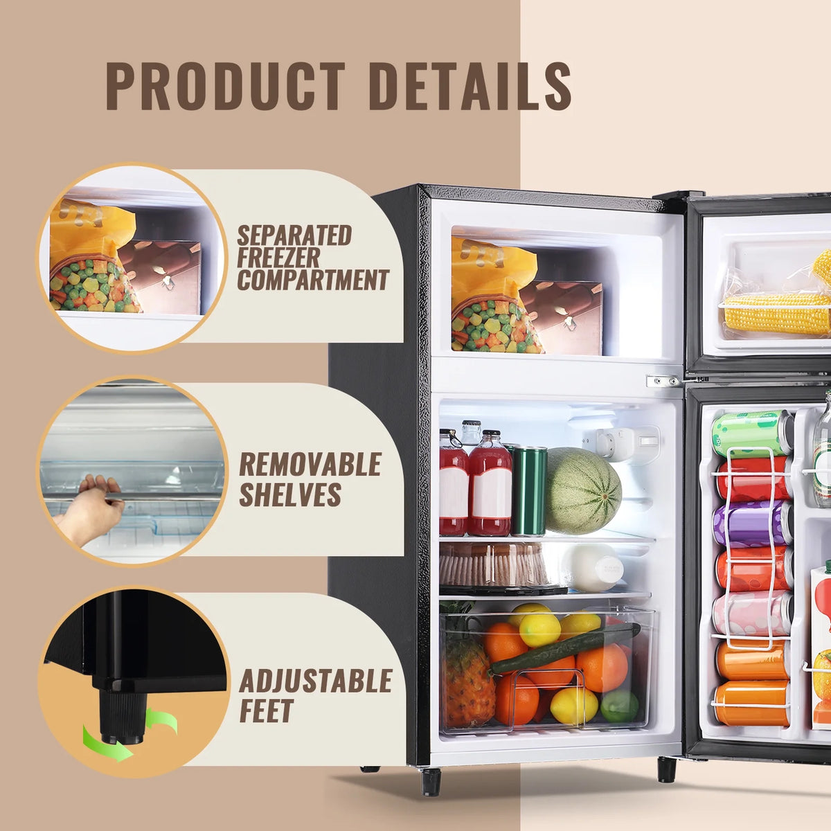 WANAI 3.5 Cu.ft Fridge with Freezer 2 Door Compact Refrigerator Adjustable Thermostat Silver New