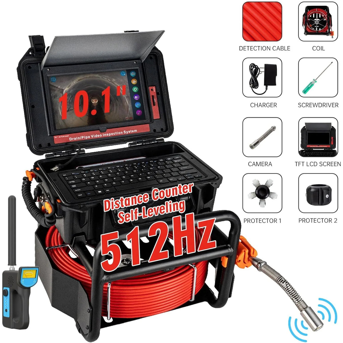 Aoile Sewer Camera with Locator, 10.1" Drain Camera with 30m/100ft Cable, Pipe Camera W/12 Adjustable Leds & DVR, Waterproof IP68, Black
