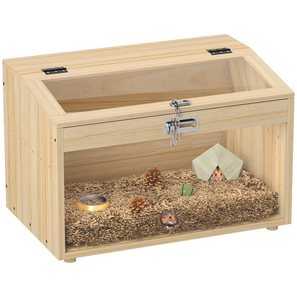 PawHut Hamsterkäfig aus Holz, Mäusekäfig mit öffnendem Deckel, Acrylfenster 55 x 35 x 35 cm, Naturholzoptik