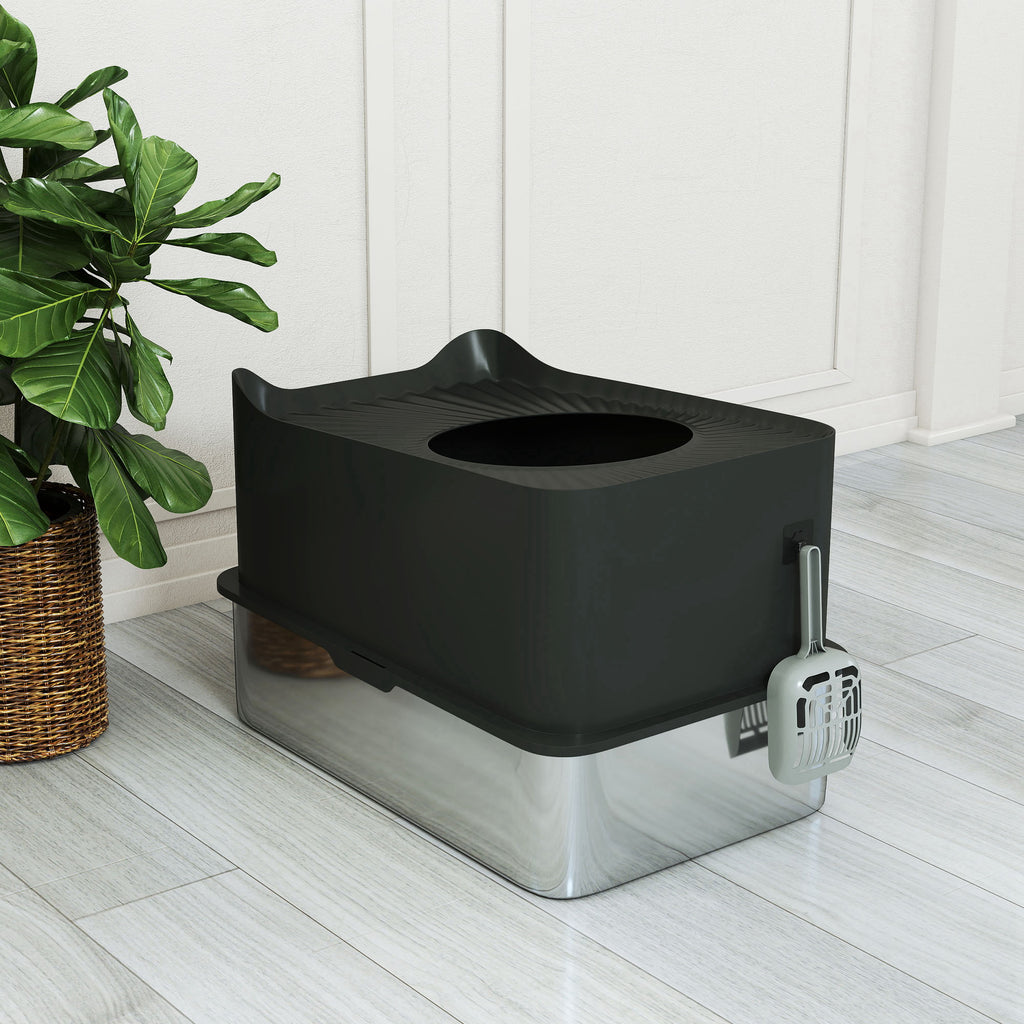 PawHut Edelstahl-Katzentoilette 85L großes Fassungsvermögen halbgeschlossenes Katzenklo, 60 x 40 x 38 cm schwarz