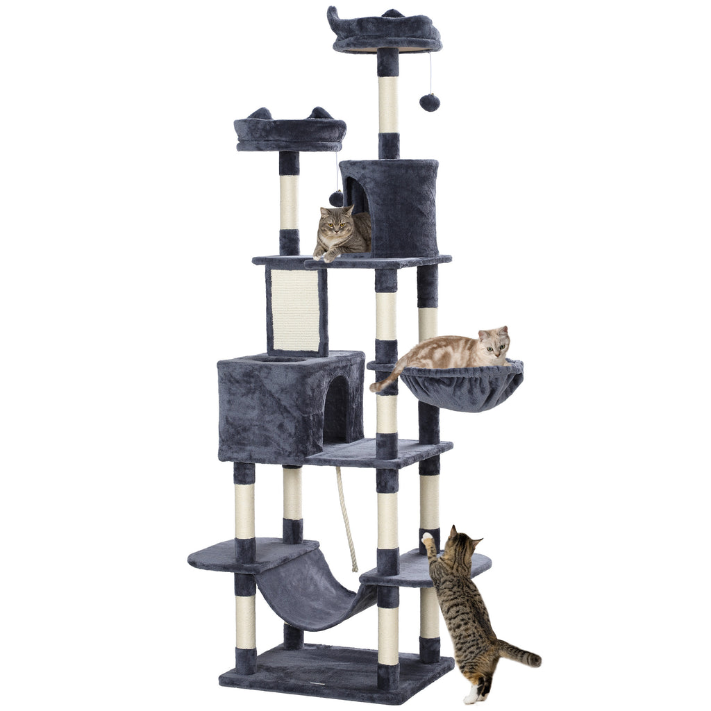 PawHut Kratzbaum 206 cm Katzenturm mit Höhle, 2 Spielballen, Sisalstämme, Plattform für große Katzen, Dunkelgrau