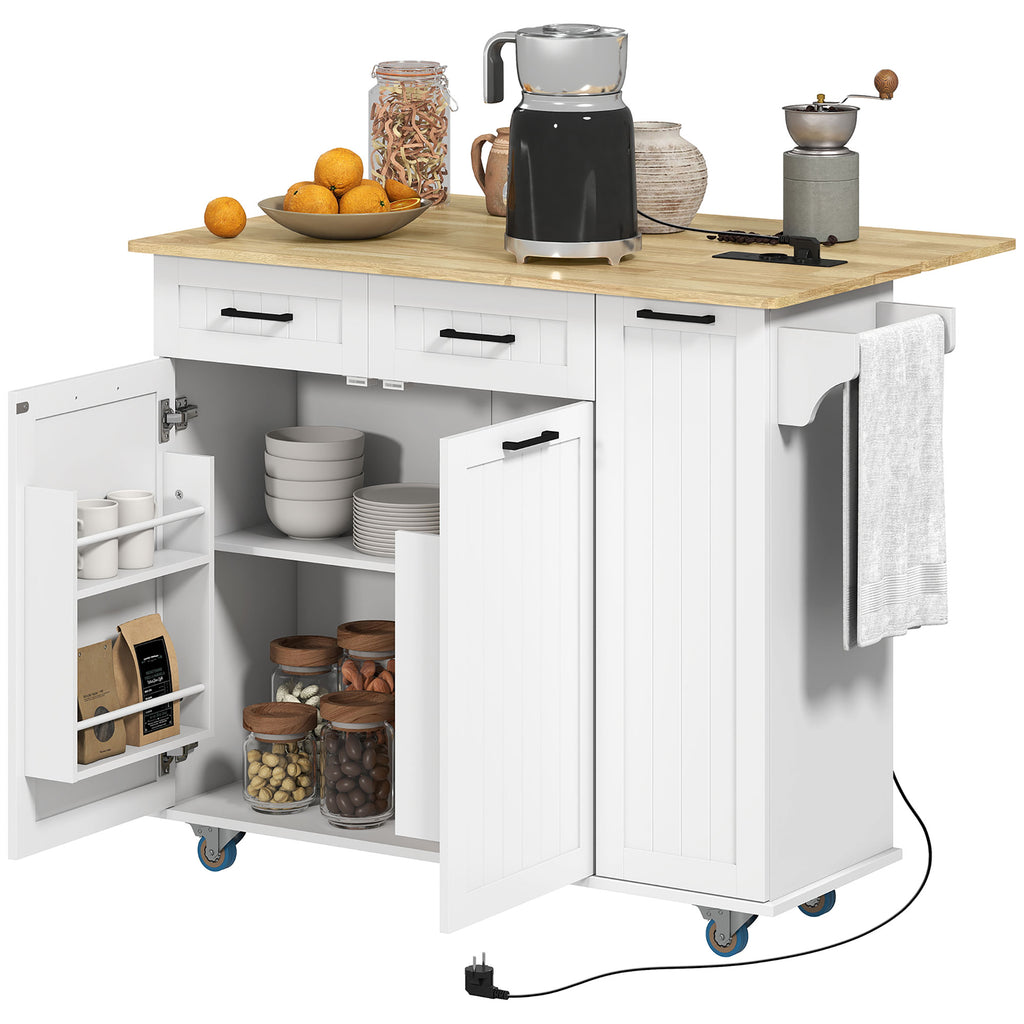 HOMCOM Mobile Kücheninsel mit Steckdose und USB-Port, klappbare Arbeitsplatte, verstellbares Regal Weiß