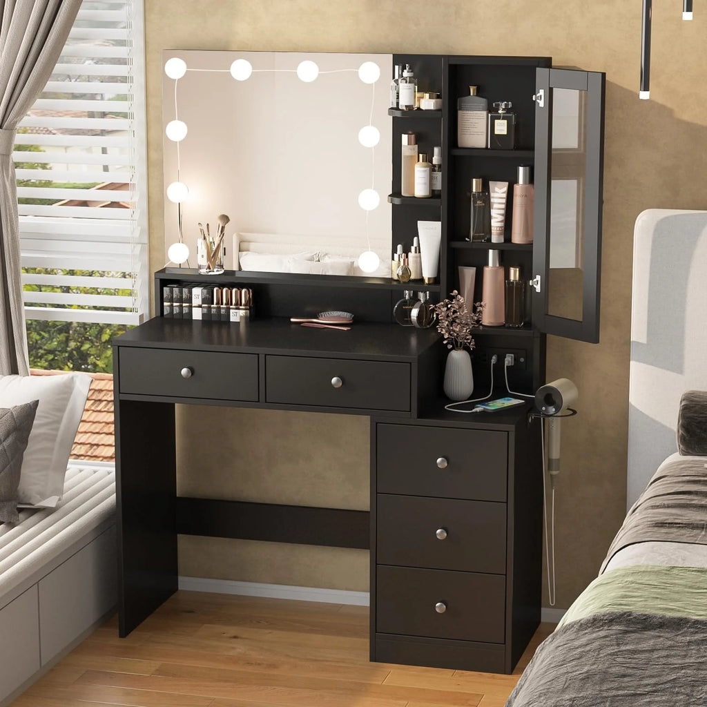 VEANERWOOD Makeup Vanity Desk with Lighted Mirror and Power Strip, Modern Vanity Table with 5 Drawers, White