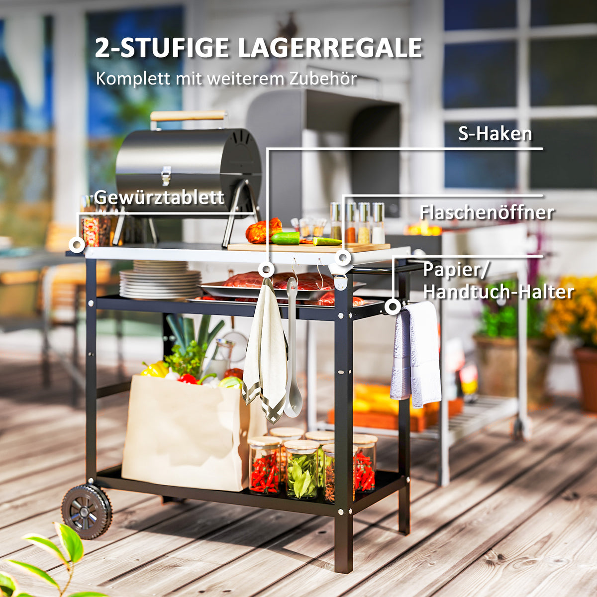 Outsunny Grillwagen 3-Etagen Servierwagen mit Arbeitsfläche Griffe Hülle Räder, BBQ Grilltisch Edelstahl 100x52x80cm Schwarz