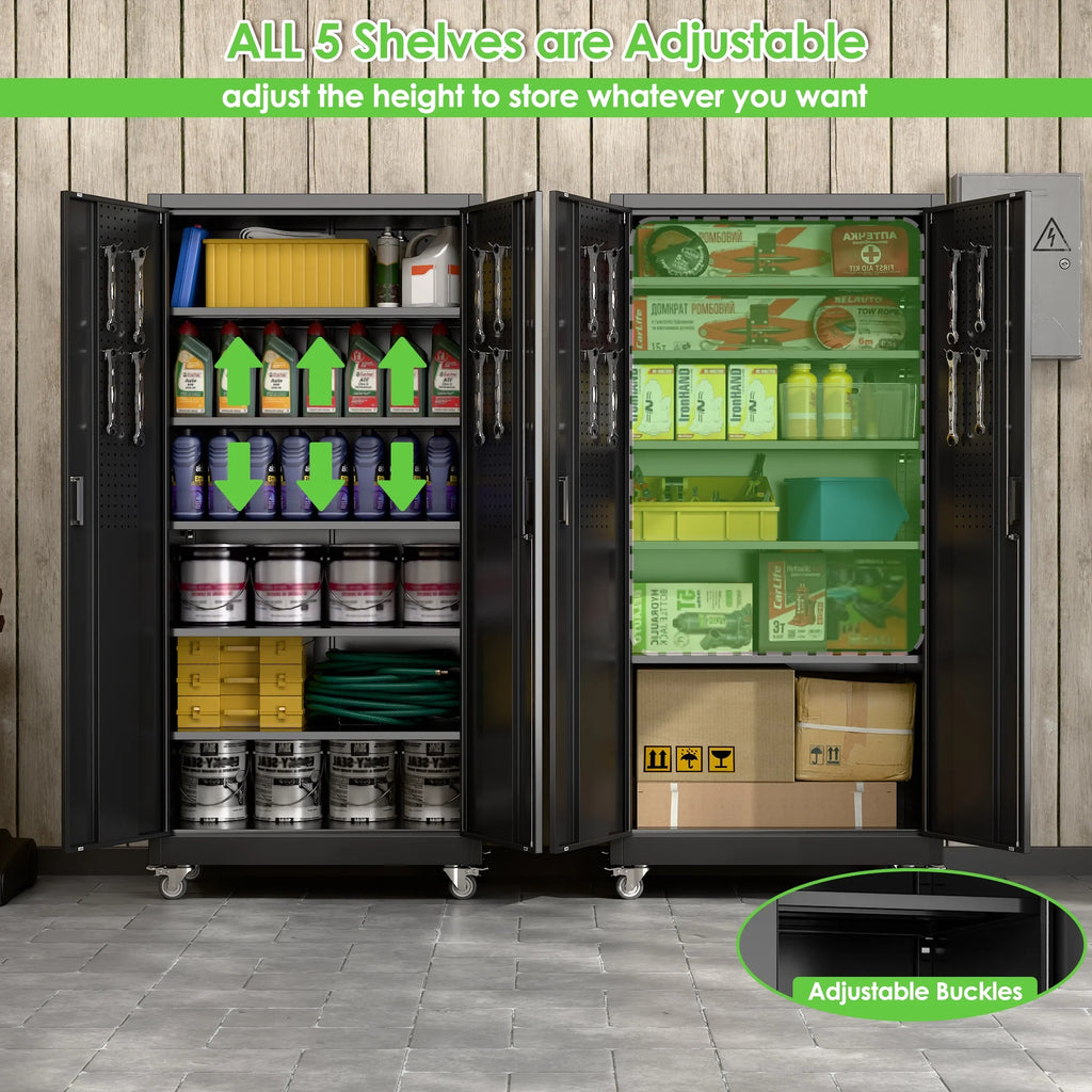 Aobabo Metal Storage Cabinet with Lock, Garage Storage Cabinet with Wheels, 72in Steel Storage Cabinet for Garage Home Storage, Black Required - Assembly