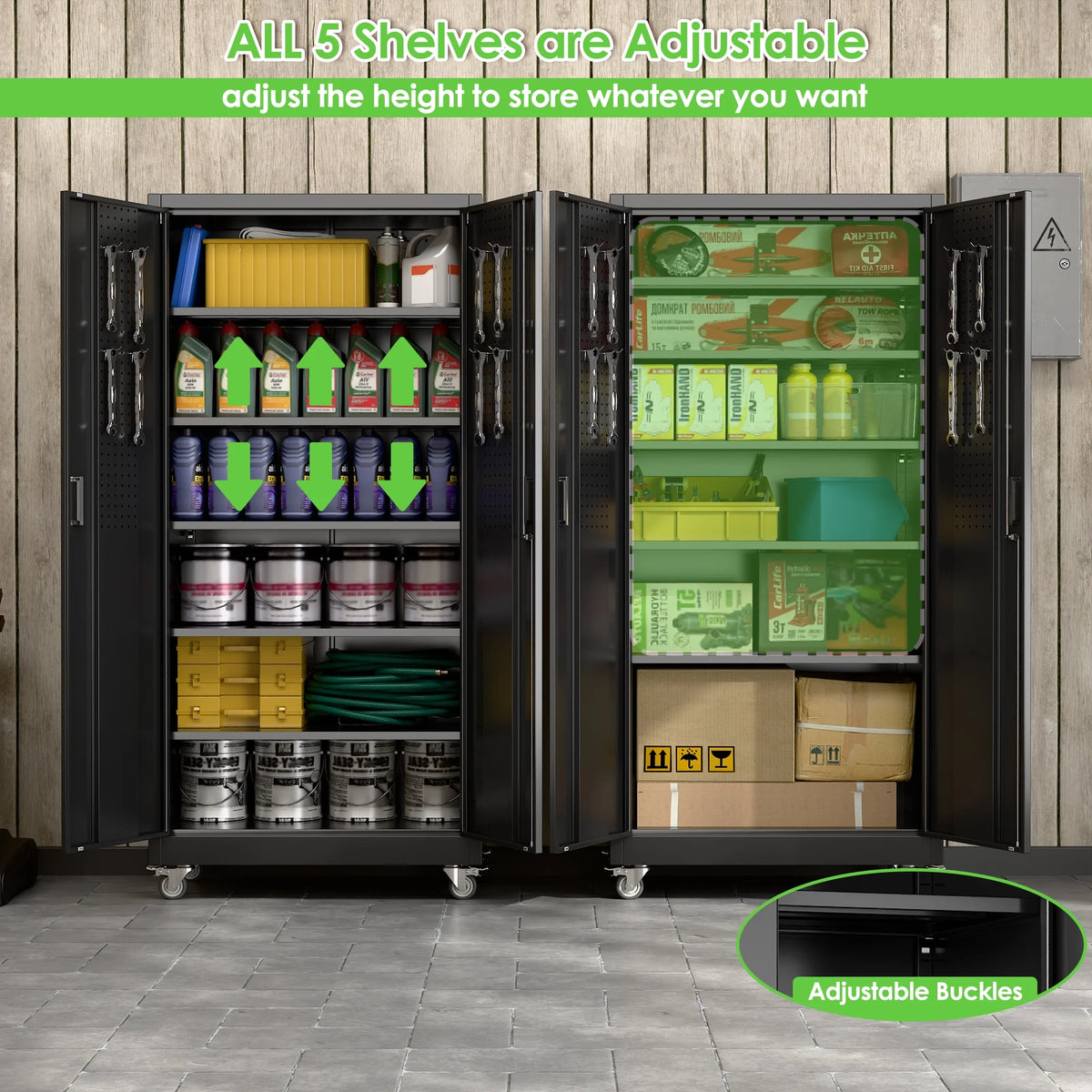 Aobabo Metal Storage Cabinet with Lock, Garage Storage Cabinet with Wheels, 72in Steel Storage Cabinet for Garage Home Storage, Black Required - Assembly